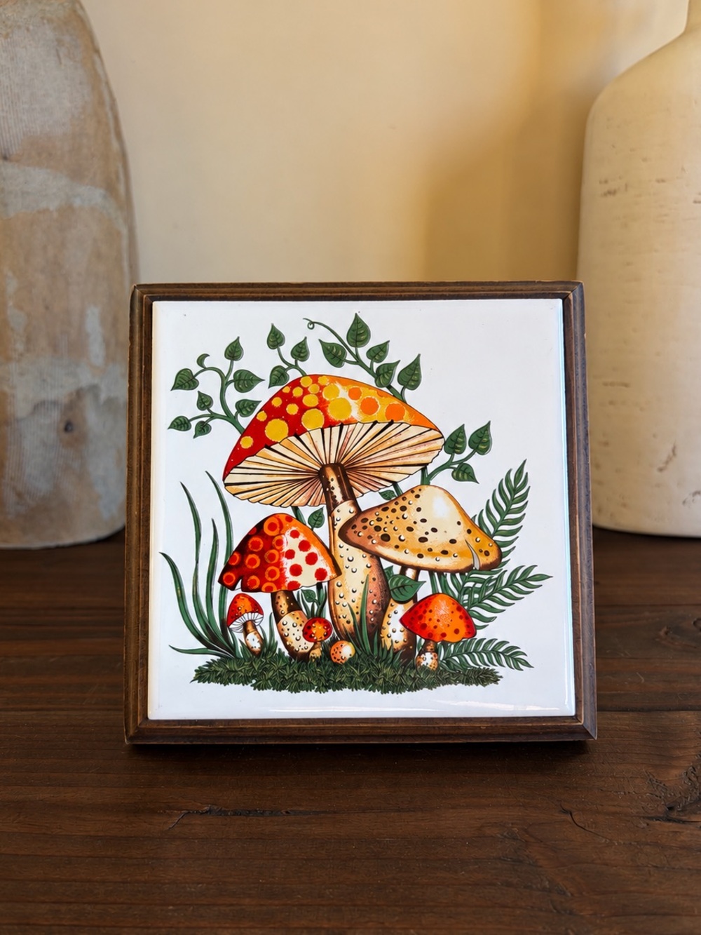 Vtg 70s Psychedelic Ceramic Tile Wood Mushroom Trivet Cottagecore Boho Hippie